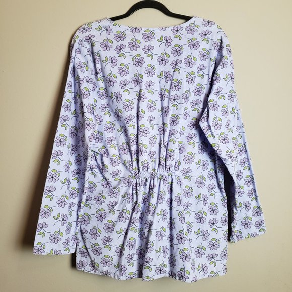 White Swan Light Purple Floral Velvet Button Down Scrub Jacket Coat Large - Picture 7 of 8